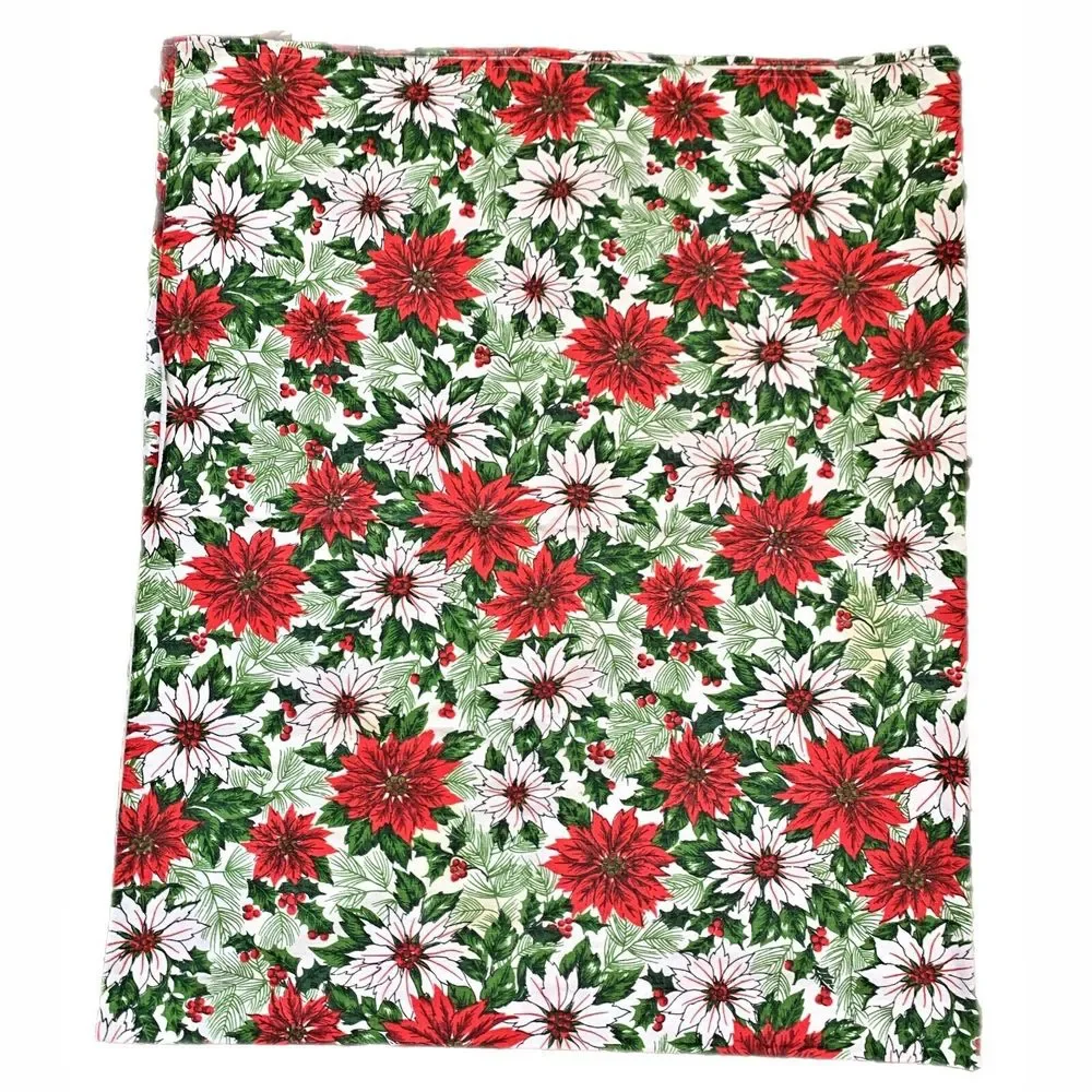 Holiday Poinsettia Holly Tablecloth 53x64 Christmas Floral Red Green Vintage